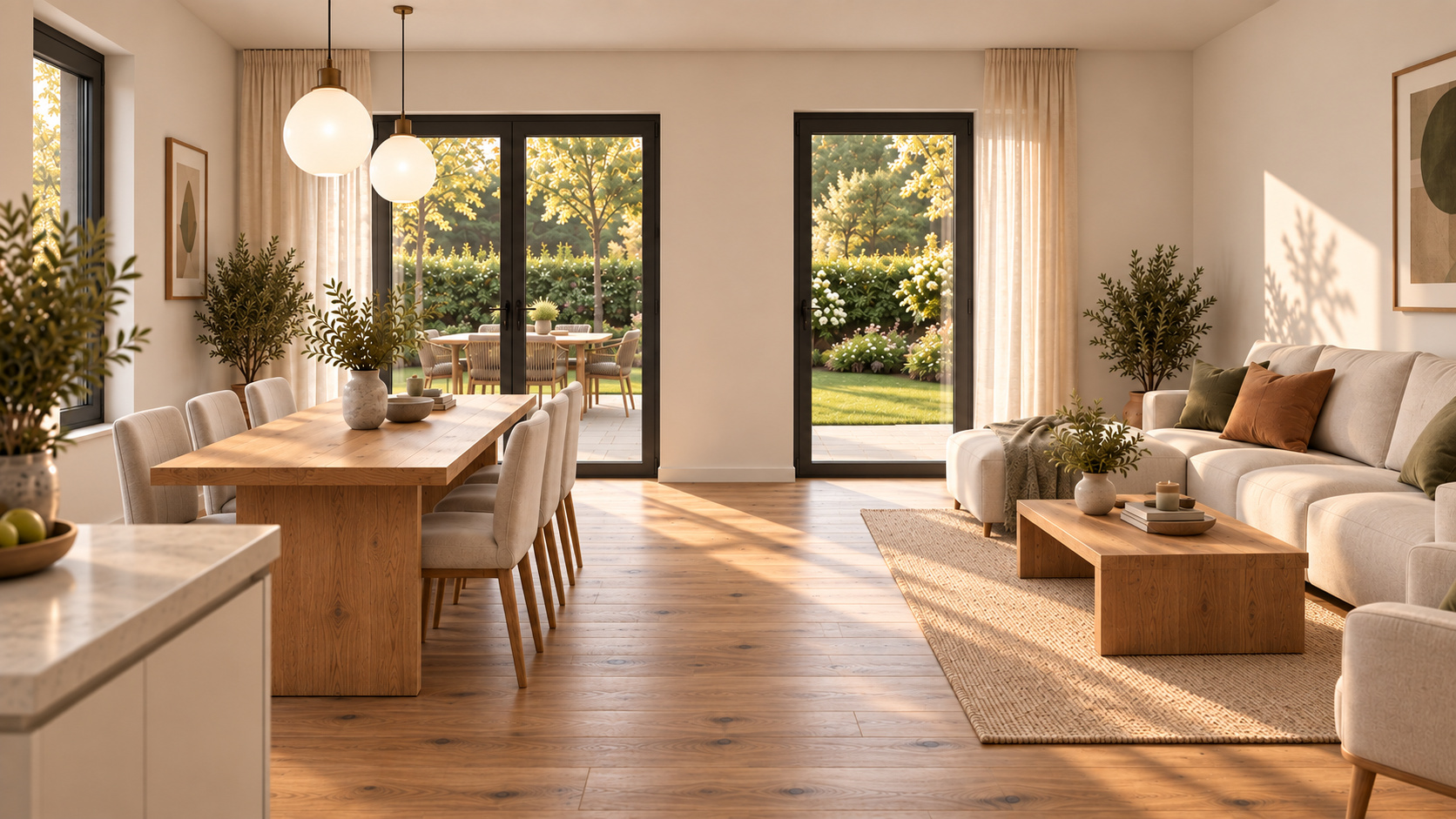 Heller sonniger Wohn- und Essbereich als Einrichtungsvorschlag